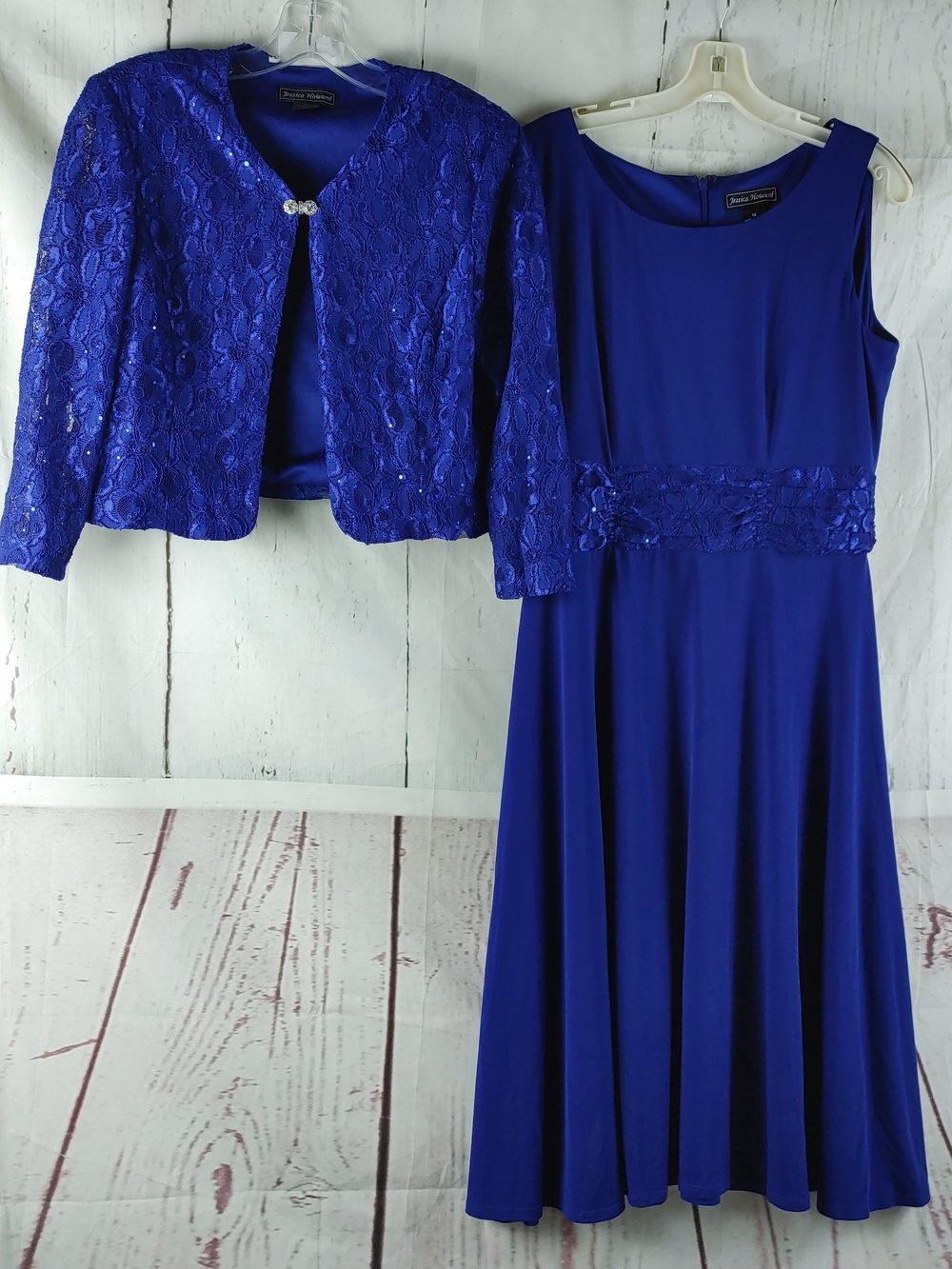 Jessica Howard Cobalt Blue Lace Jacket and Sleeveless Dress Set Size 12